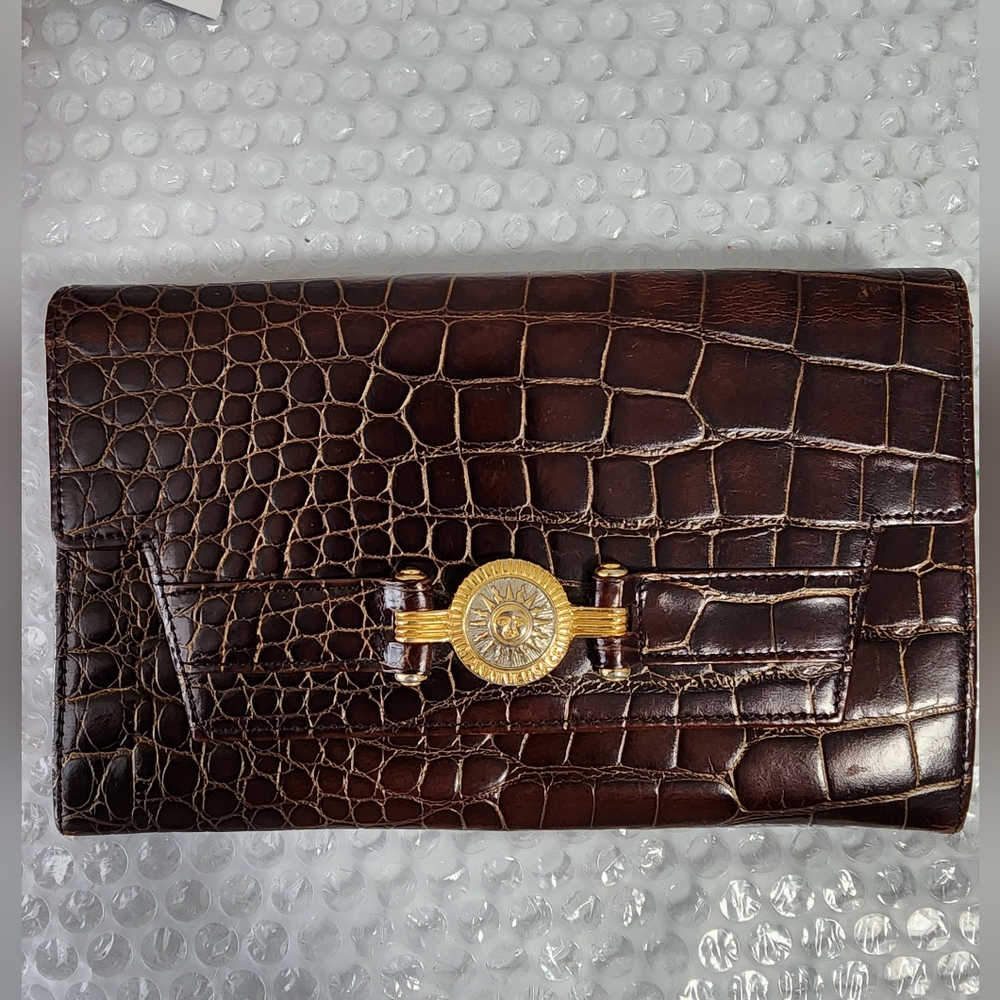 1990's GIANNI VERSACE CROC SUNBURST Women's Brown Patent CLUTCH Bag